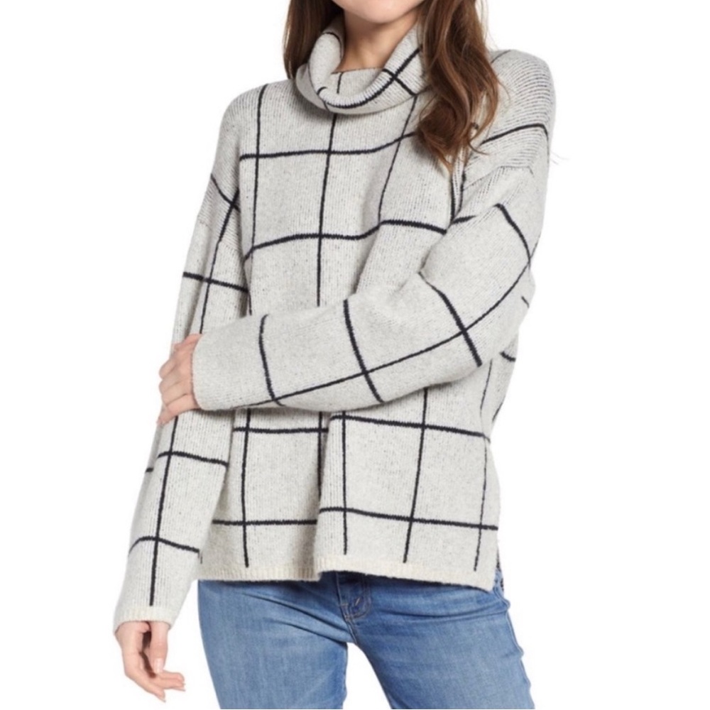 Madewell Merino Wool Turtleneck Sweater Size Small Gray Black Plaid Windowpane